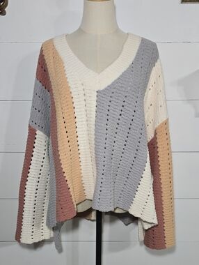 POL Oversized Open Knit Colorblock Striped V Neck Sweater M
